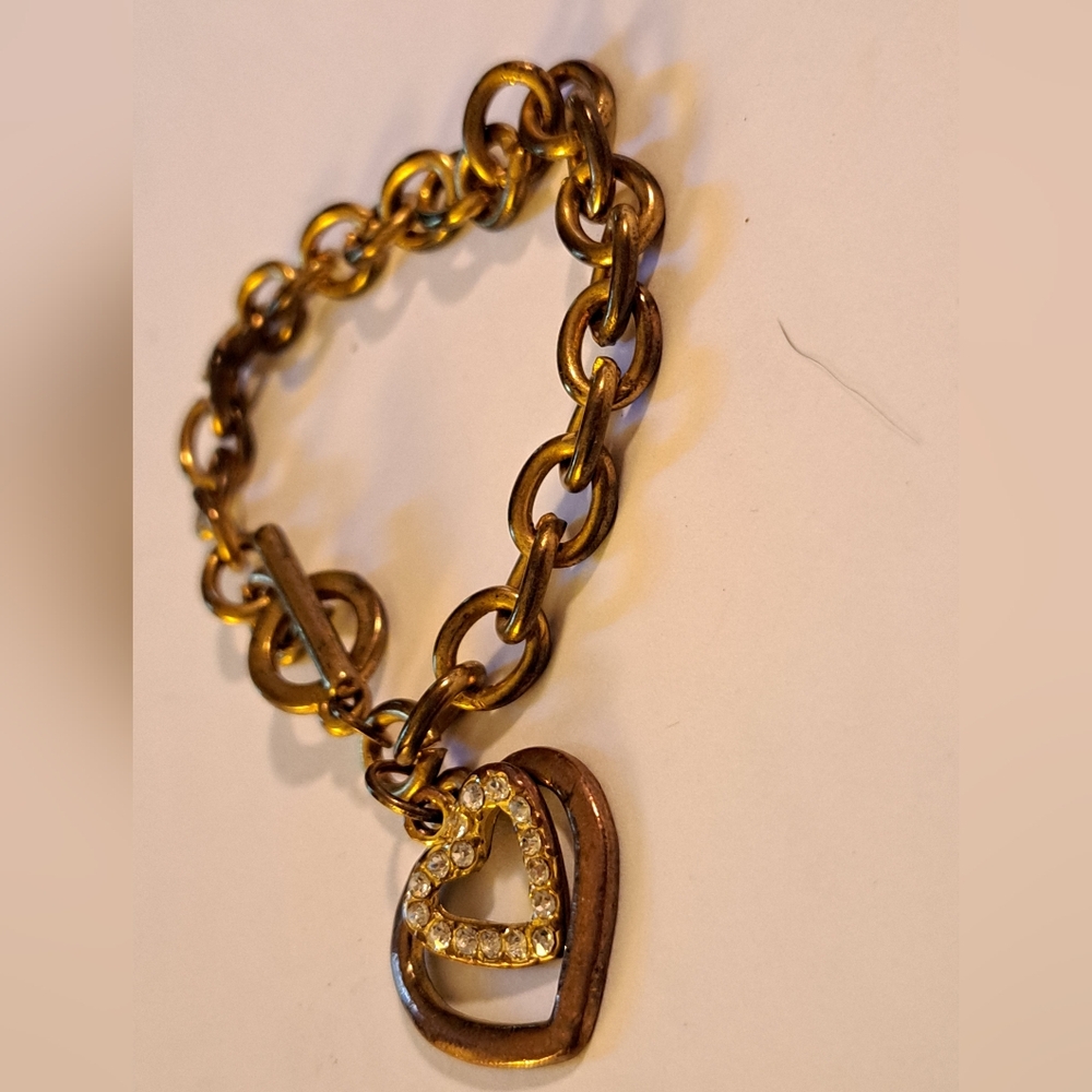 Chic Gold Diamond Heart Charm Fat Link Bracelet Faux